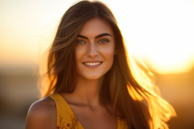 Hermosa mujer sonriendo a la cámara contra el sol AI generativa