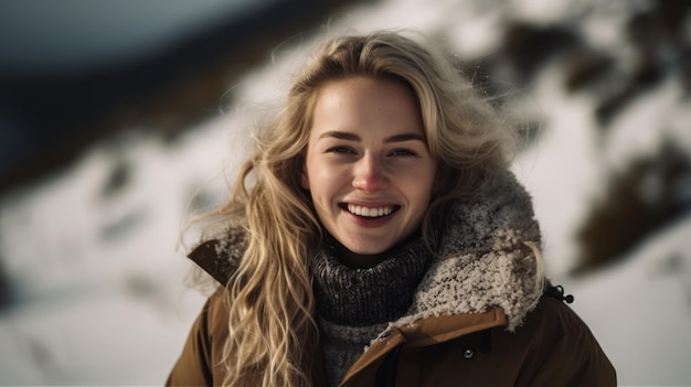 Hermosa mujer sonriendo en chaqueta caliente en montañas nevadas