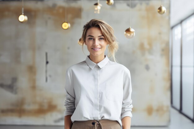 Hermosa mujer sonriendo en una escena interior