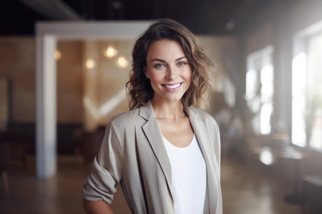 Hermosa mujer sonriendo en una escena interior