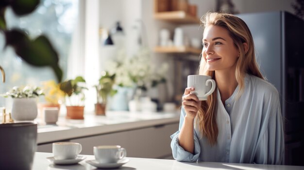 Hermosa mujer sonriendo con una taza de café en la cocina de su casa