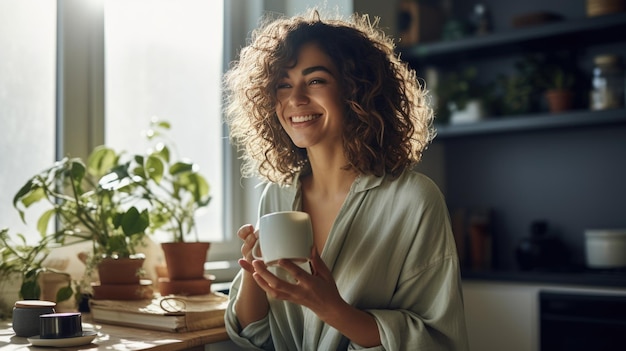 Hermosa mujer sonriendo con una taza de café en la cocina de su casa