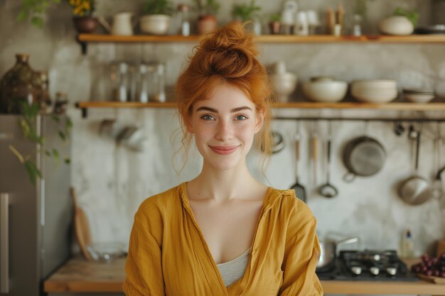 La hermosa mujer sonriente ama de casa con el cabello rojo está de pie en la cocina y cocinando