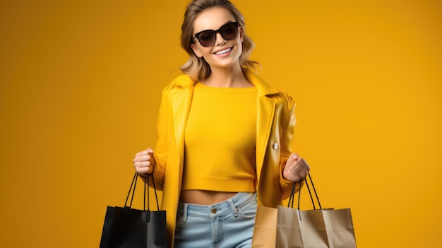 Hermosa mujer sonriente y atractiva con gafas de sol sosteniendo bolsas de compras posando sobre fondo amarillo Creado con tecnología de IA generativa