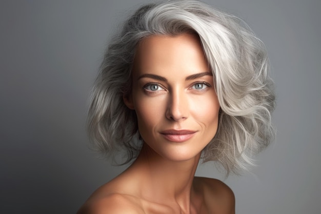 Una hermosa mujer sonriente con cabello gris mirando a la cámara en un fondo gris oscuro