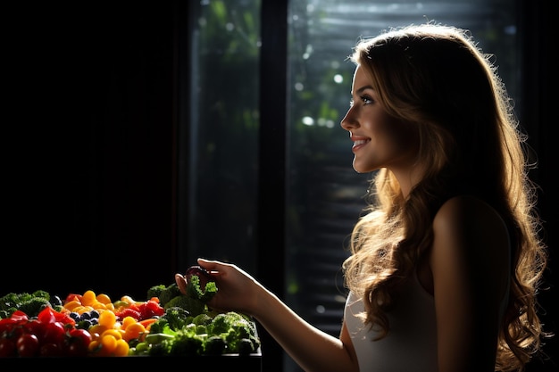hermosa mujer sonriente chica feliz señora comer alimentos saludables frutas semillas de verduras superalimentos cereales hojas de verduras desintoxicación y concepto de dieta limpia alto contenido de vitaminas minerales y antioxidantes