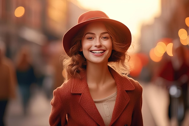 Hermosa mujer sonriente y feliz en la calle de una ciudad AI generativa