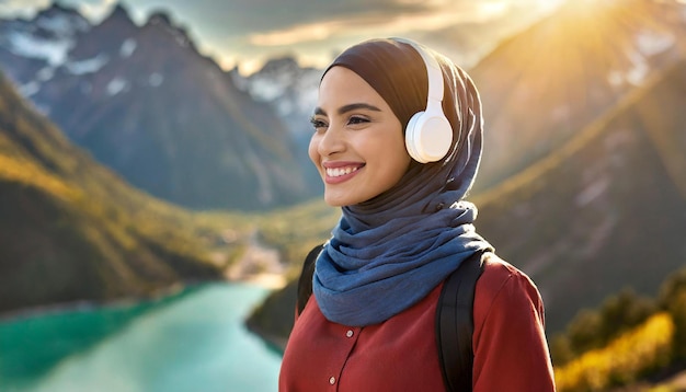 Foto una hermosa mujer sonriente con un hijab mira hacia los lados usando un teléfono aéreo con un fondo natural