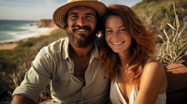 Hermosa mujer sonriente y joven en la playa en la costa del mar durante las vacaciones AI generado