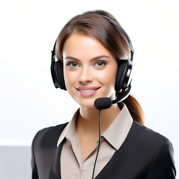 Hermosa mujer sonriente operadora de call center con auriculares