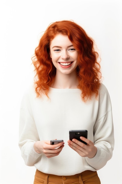 Una hermosa mujer sonriente de pelo rojo usa un teléfono móvil sobre un fondo blanco