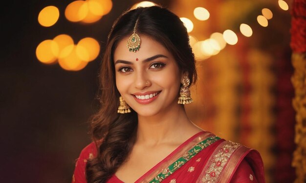 Una hermosa mujer sonriente con un sari rojo con joyas mínimas.