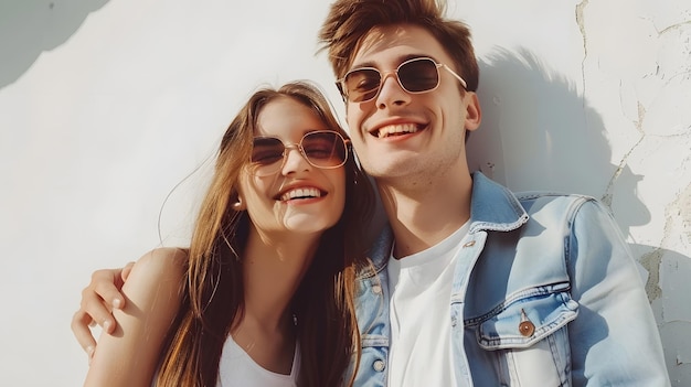 Foto una hermosa mujer sonriente y su guapo novio una mujer en vaqueros de verano casual coágulo ia generativa