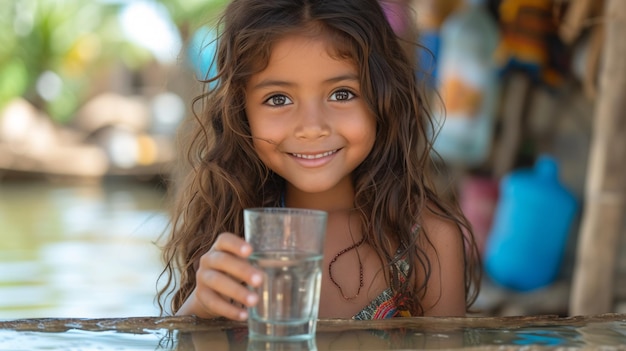 Una hermosa mujer sonriente con una taza de agua pura