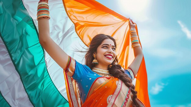 una hermosa mujer sosteniendo una bandera india