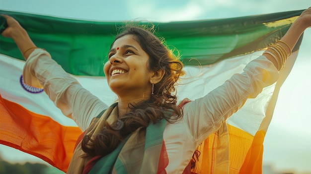 una hermosa mujer sosteniendo una bandera india