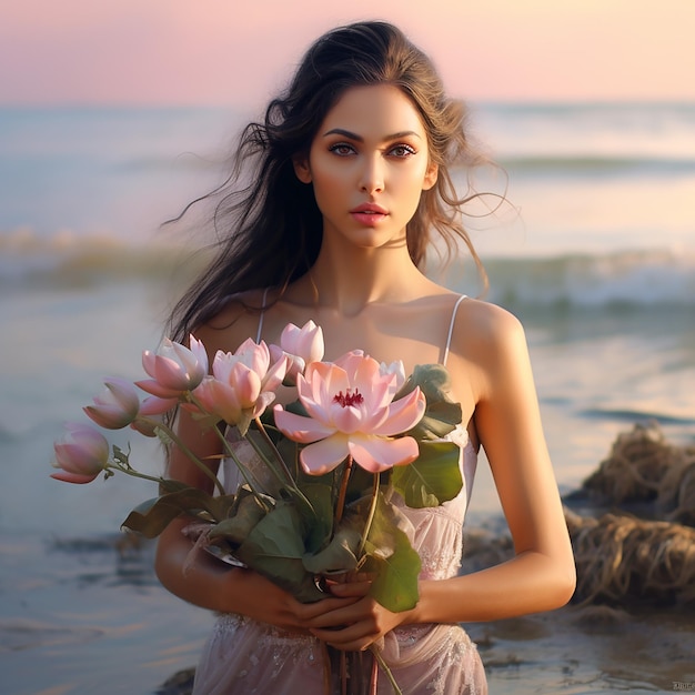 Una hermosa mujer sosteniendo un ramo de flores de loto en la playa
