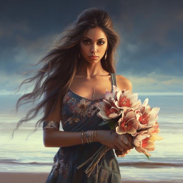 Una hermosa mujer sosteniendo un ramo de flores de loto en la playa