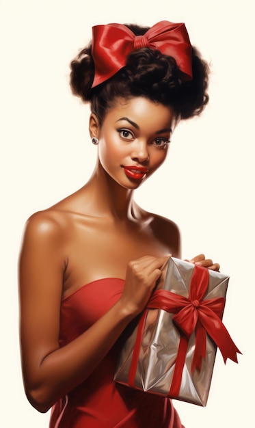 Una hermosa mujer sosteniendo un regalo en sus manos ilustración vintage