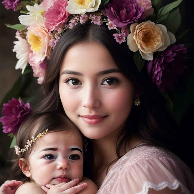 Una hermosa mujer sostiene a un bebé y la mujer lleva una corona de flores