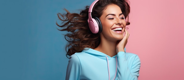 Hermosa mujer en sudadera rosa escuchando música bailando y mirando hacia otro lado aislada sobre fondo azul Estilo de vida positivo