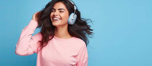 Hermosa mujer en sudadera rosa escuchando música bailando y mirando hacia otro lado aislada sobre fondo azul Estilo de vida positivo