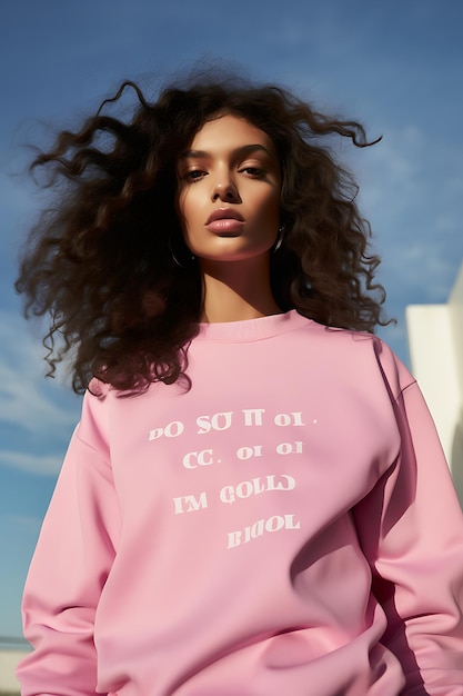 Hermosa mujer con sudadera rosa