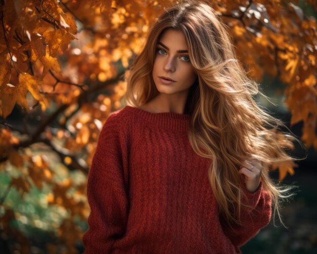 hermosa mujer en suéter rojo con cabello largo en hojas de otoño