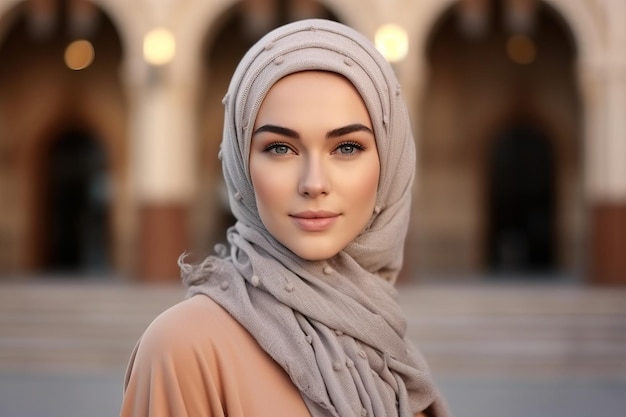 Hermosa mujer supermodelo con hiyab de moda en el fondo de la mezquita