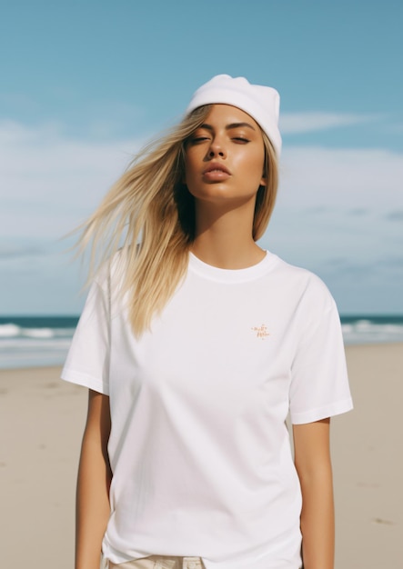 Hermosa mujer surfista rubia con camiseta blanca en blanco en la playa Camiseta blanca maqueta