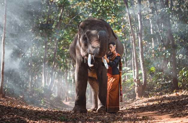 Hermosa mujer tailandesa pasando tiempo con el elefante en la selva