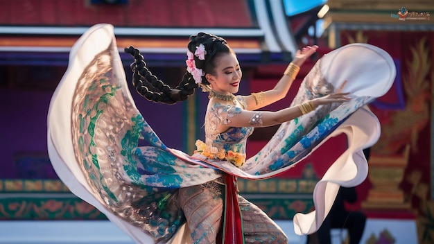 Una hermosa mujer tailandesa con un vestido tailandés y una danza tailandesa