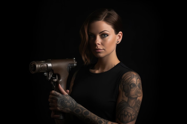 Foto hermosa mujer tatuada sosteniendo una pistola