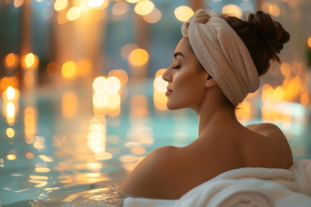 Foto hermosa mujer con una toalla en la cabeza en el spa