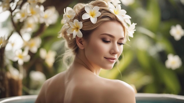 Hermosa mujer tocando la felicidad en el concepto de estilo spa naturalAI generativa