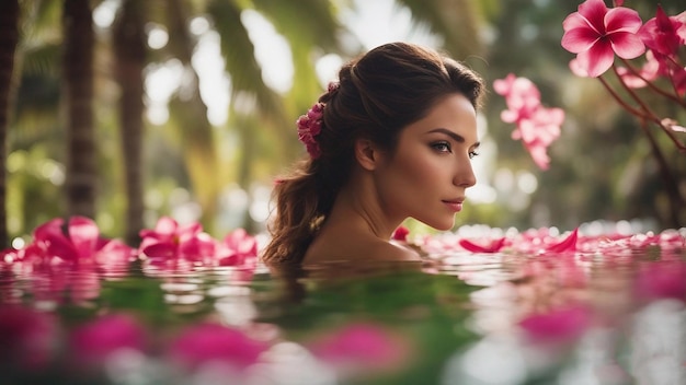 Hermosa mujer tocando la felicidad en el concepto de estilo spa naturalAI generativa