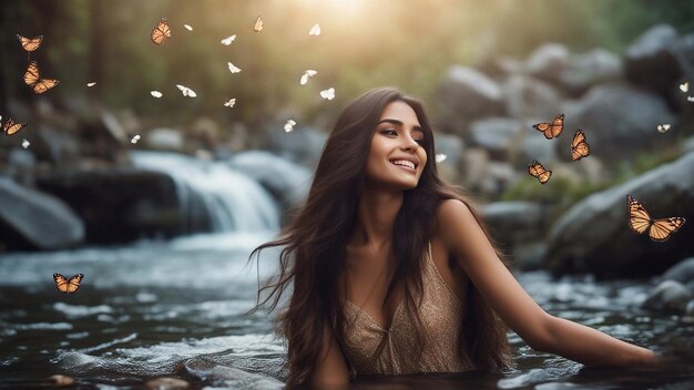 Foto hermosa mujer tocando la felicidad en el concepto de estilo spa naturalai generativa