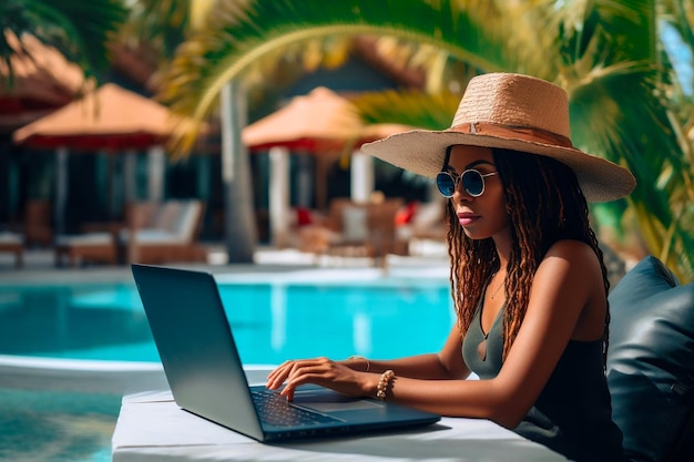 Hermosa mujer trabaja en una computadora portátil junto a la piscina Concepto de trabajo independiente y remoto Imagen generada por AI