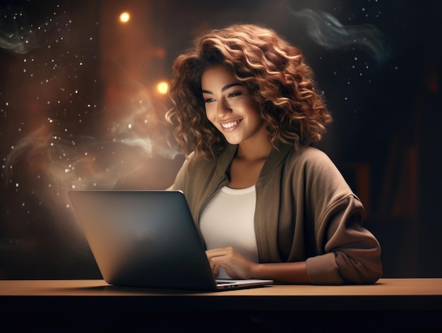 Una hermosa mujer trabajando en una computadora portátil sonriendo con confianza