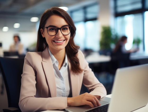 Una hermosa mujer trabajando en una computadora portátil sonriendo con confianza