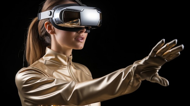 Hermosa mujer en traje dorado con casco de realidad virtual aislado en negro