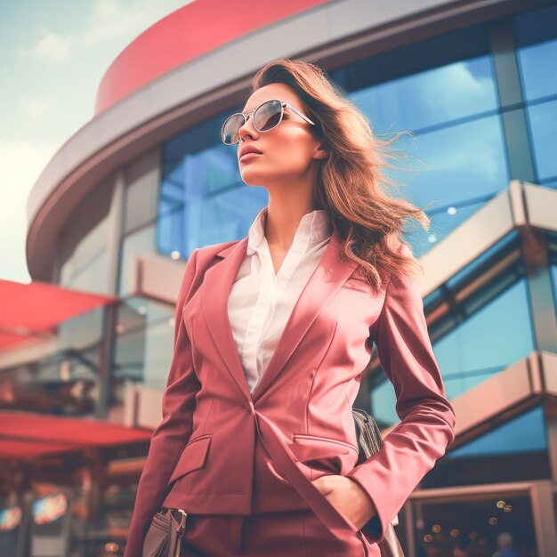 hermosa mujer de traje de pie en el centro comercial