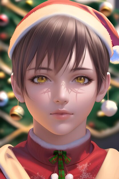 Hermosa mujer con traje de Santa delante del árbol de Navidad de invierno