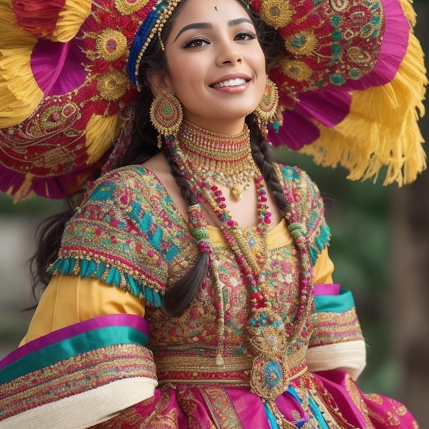 Hermosa mujer en traje tradicional celebrando el Mes de la Herencia Hispana