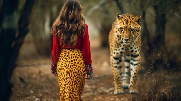 hermosa mujer tribal y animales salvajes en el desierto