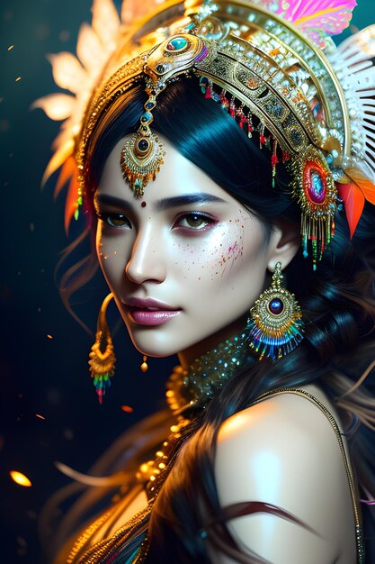 Hermosa mujer de las tribus indias con un elaborado tocado destacado Mujer india americana