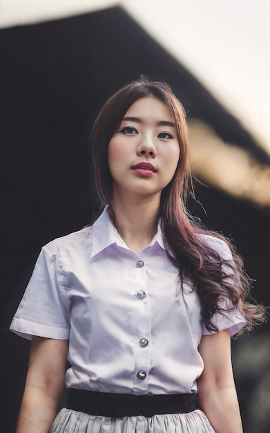 Hermosa mujer universitaria tailandesa asiática con atuendo universitario IA generativa