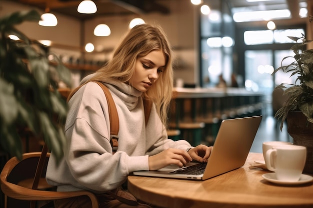 Hermosa mujer usando una computadora portátil en el café AI Generative