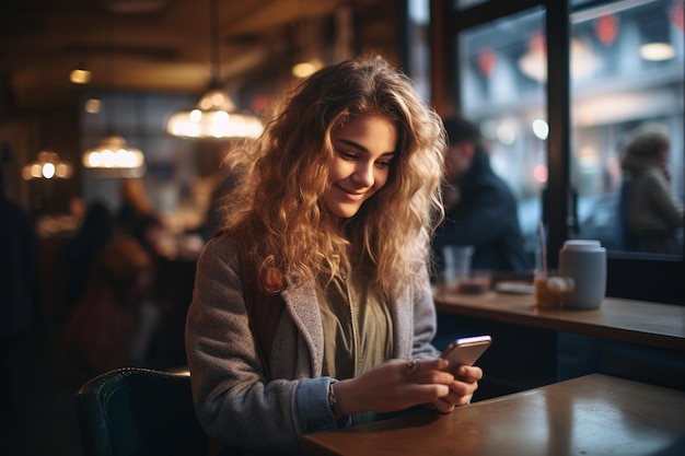 Hermosa mujer usando teléfono móvil en Cafe Generative By Ai