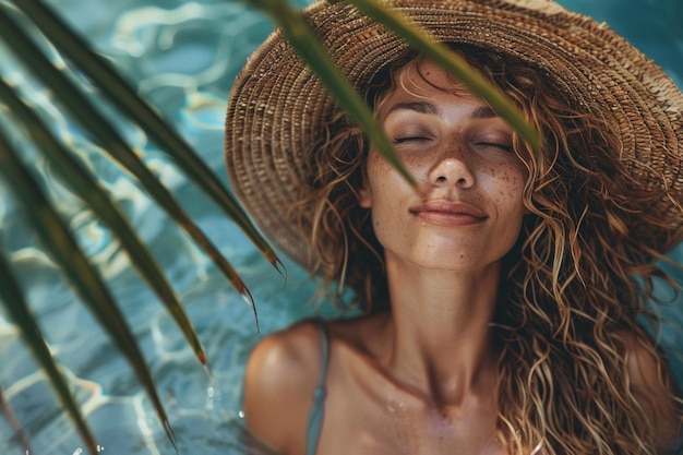 Una hermosa mujer de vacaciones con cabello largo está de pie en la piscina generada por la IA